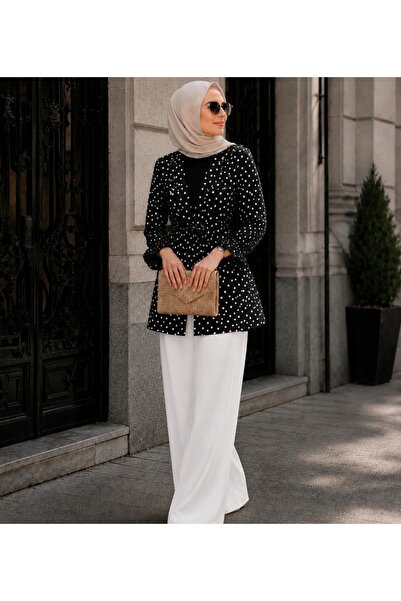 Budan Export Women's Polka Dot Long Sleeve Ruffle Detailed Ribbed Cardigan