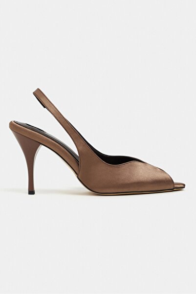 NİŞANTAŞI SHOES Γυναικεία παπούτσια με τακούνι Roxy Brown Satin με λεπτομέρει...