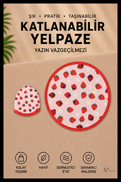 MAZEN Çilek Desenli Katlanabilir Yuvarlak Yazlık Taşınabilir El Yelpazesi