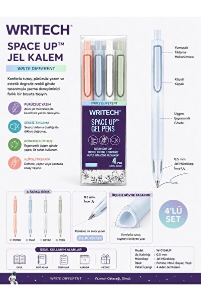 Writech W-0154UP 0.5MM Mavi Jel Kalem 4-lü