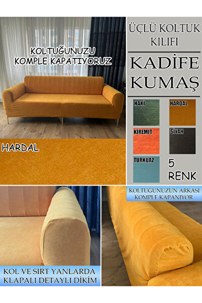 İLYEVTEKSTİLİ Kadife Kumaş 1 Adet Üçlü Koltuk Kılıfı, Komple Kaplama, Kadifen...