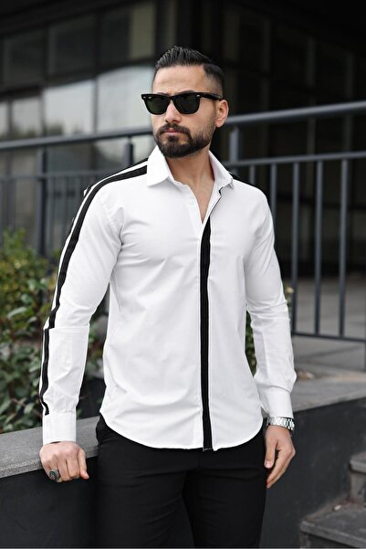 BAYIM Erkek Slim-Fit Kontrast Omuz ve Pat Şeritli Sportif Tasarım Gömlek