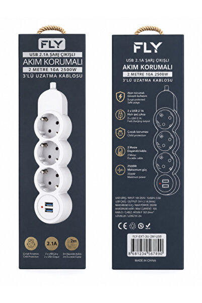 Noname 3’lü Akım Korumalı USB Girişli Uzatma Kablosu 2 Metre 2500W 2.1A Şarj ...