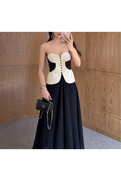 Şen butik Siyah Pliseli Düğmeli Korse Bluz Büstiyer