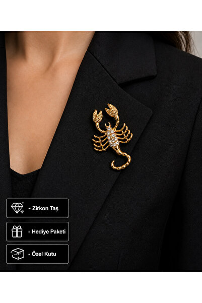 HER ŞEY NOTA www.herseynota.com Hediye Akrep Burcu Kadın Broş Gold Renk Zirko...