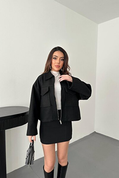ozelia Black Pocket Flap Stitch Jacket