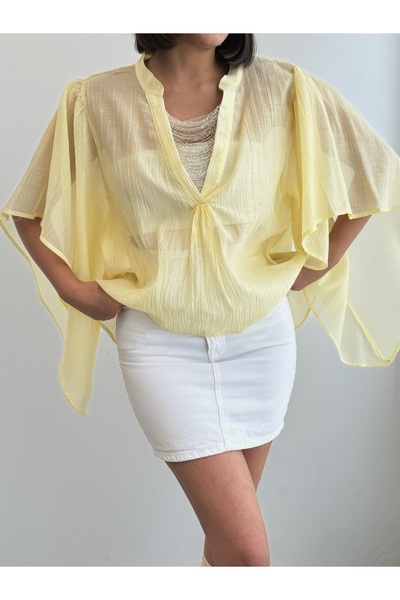 CrepTekstil Crep Women's Beaded Detailed Bat Sleeve V-Neck Loose Chiffon Blou...