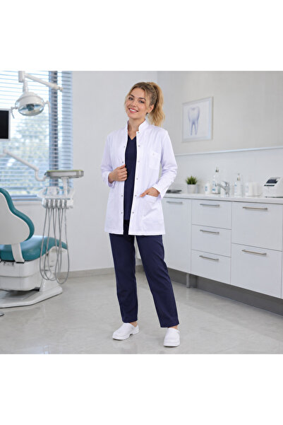 Ikali Kadın Önlük & Diş Kliniği Önlüğü Kısa Boy Uzun Kol Hakim Yaka Çıtçıtlı ...