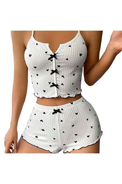 SNM 2-Piece Pyjamas, SNM, Sexy Heart Print, Ribbed Elastic, Thin Straps & Sho...