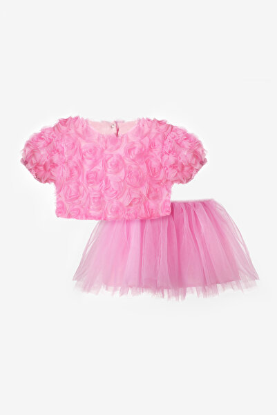 Le Mabelle Pink Rose Detailed Cropped Tulle Skirt Girls' Two-Piece Set - Sabrina