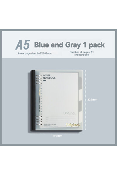 Choice3 A5 - Blue Grey 1PC46 Sheets A5/B5 Soft Spine Loose Leaf Notebook, Det...
