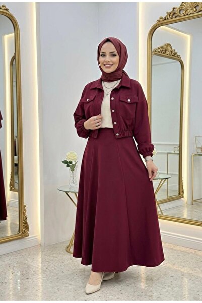 wishne Women's Premium Crepe Jacket Skirt Set - Cropped Jacket with Elastic W...