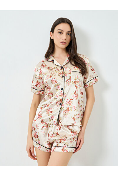 Take Two By Styli Butterfly Floral Print Satin Shirt and Shorts Set