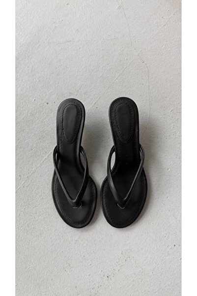 Eataly Shoes Arel Black Matte Leather Flip-Flop Heeled Slippers
