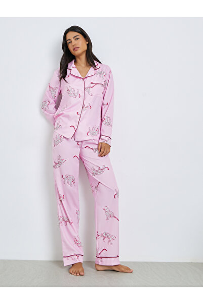 Styli Pink Cheetah Print Long Sleeve Shirt and Pyjama Set