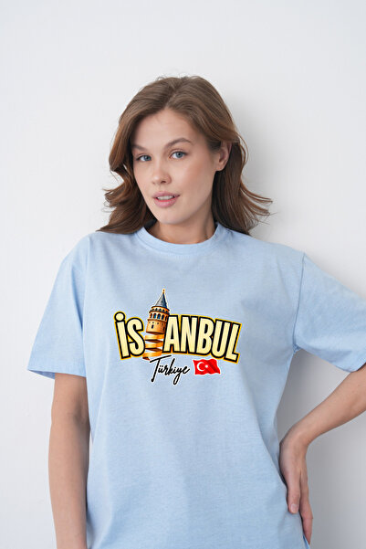 TREND EMMODA Tricou albastru cu gât rotund, cu imprimeu Turnul Galata și Turc...