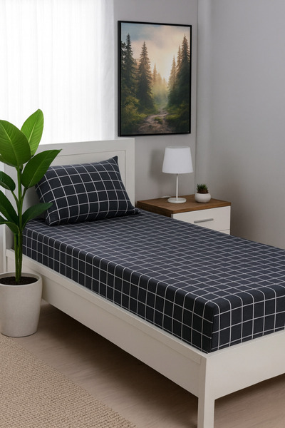 SADEN HOME Single Rubberized Bed Sheet Set Black Checked 100X200 cm
