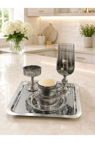 isra kristal Aura Silver Coffee Presentation Set with Tray, Coffee Cup, Turki...