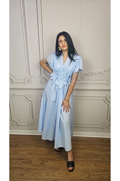 Diva Exclusive Fashion Pastel blue midi dress with 3D applique flowers and Wr...