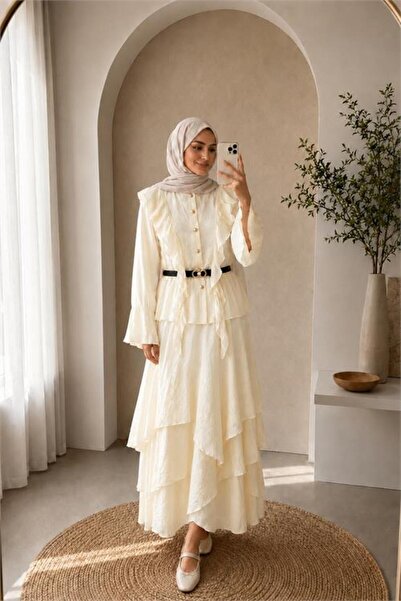 Neşeli Butik Women's Beige Ruffle Detailed Top with Layered Flounce Skirt Dou...