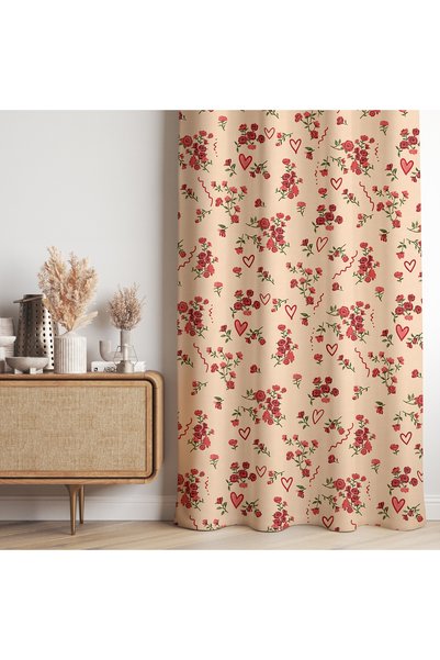 Hanna Home Krem Bej Floral Desenli Kadife Görünümlü Salon Fon Perde