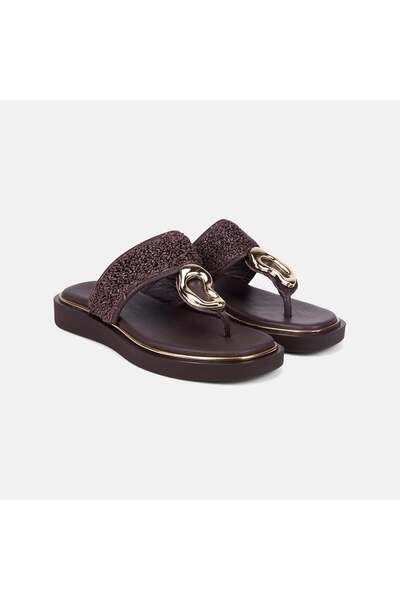 Desa Women's Bitter Brown Leather Flip-Flops with Gold Accessories