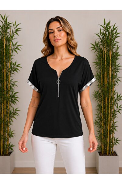 moda wanilia Women's V-Neck Short Sleeve Viscose Blouse with Shiny Detail at ...