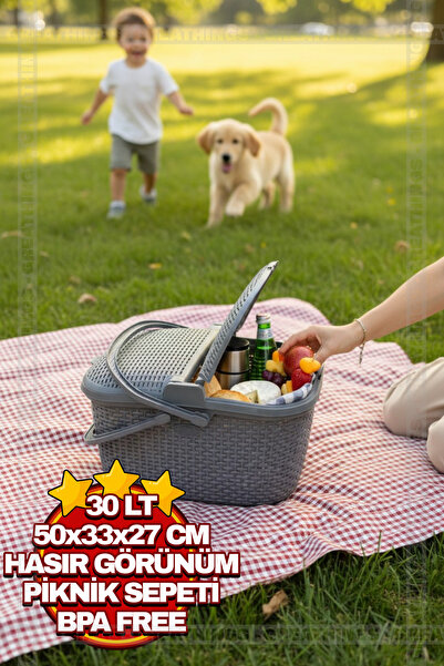 Greathings 30 lt 50x33x27 Rattan Hasır Desenli Piknik Sepeti Plastik Kamp ve ...