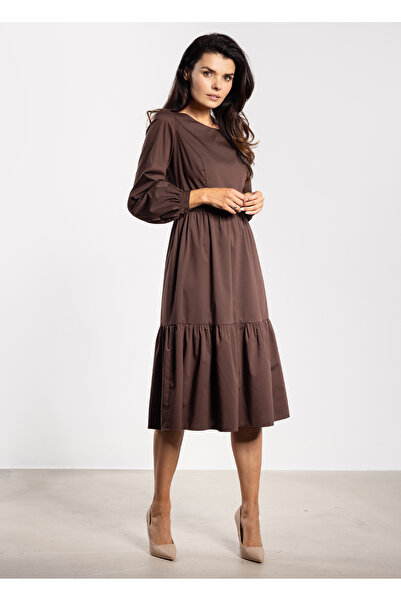 Awama Midi dress A737, long sleeve, chocolate, nylon/spandex, XL INTL