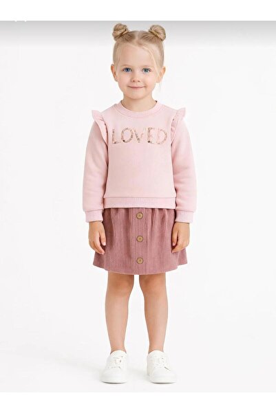 aykidsclup Girl's "Loved" Embroidered Sweatshirt and Velvet Skirt Two-Piece S...