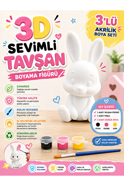 Haydi Dekor 3D Sevimli Tavşan Boyama Figürü Seti – Çocuklar Için Akrilik Boya...