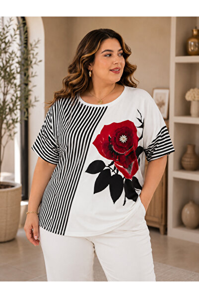 lavelina Large Size Oversize Striped Red Floral Print Short Sleeve Women's Bl...