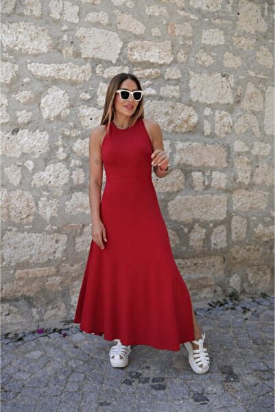 Modayakamoz Woman's back cross detail round neck maxi viscose dress