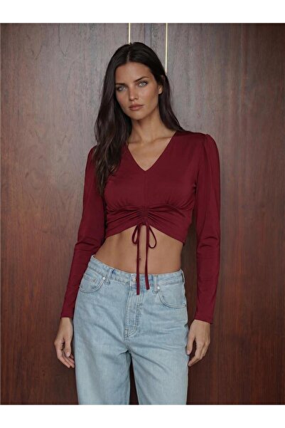 WeShaya Burgundy Stretchy Sandy Textured V-Neck Long Sleeve Crop Blouse with ...