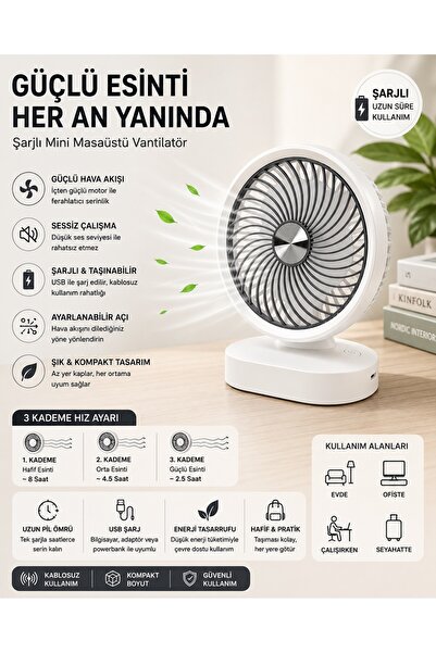 Tastech DD5007 Masaüstü Şarjlı Fan 3 Kademeli Taşınabilir Vantilatör Hafif Ta...
