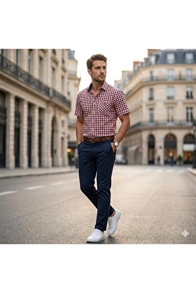 GÖMLEK GALERİSİ Men's Classic Wide Cut Plaid Pocket Cotton Short Sleeve Shirt