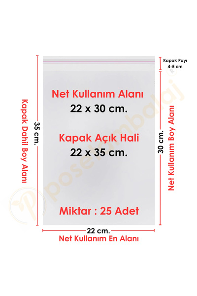 posetambalaj ambalaj ürünleri 22x30+5 cm.(22x35) 25 Adet Şeffaf Bantlı Yapışk...