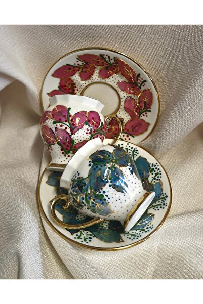 BY.RAYKA PORSELEN El Dekor Porcelain Hand-Painted Kalina Double Cup Set