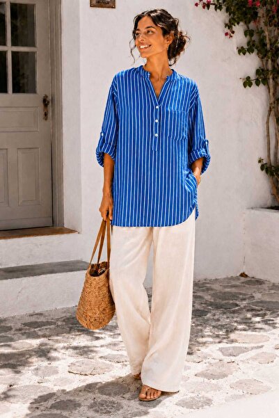 Butik Şans Women's Striped Button Detailed Oversize Three Quarter Sleeve Ital...