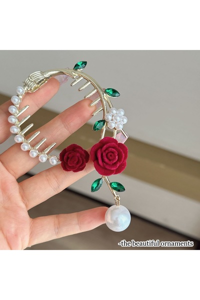 Glamluxe Women's Gold Metal Velvet Red Rose Dangle Pearl Bun Hairpin - Ring L...