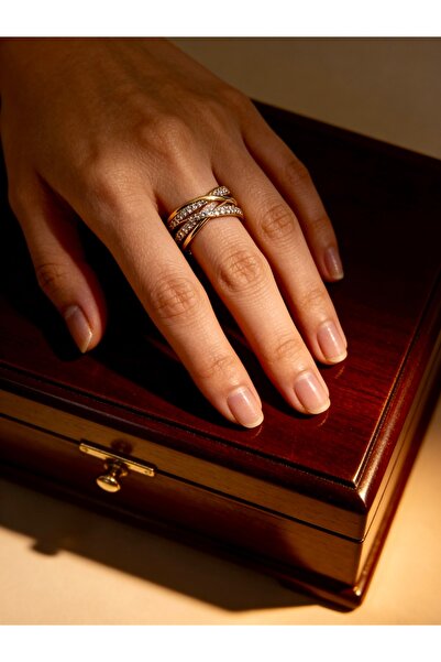 ayoljewelry Gold Steel Sparkling Row of Stones Cross Band Women's Ring