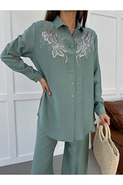 MİA NOURA Women's Shirt with Beaded Embroidery on Front and Sleeves, Oversize...