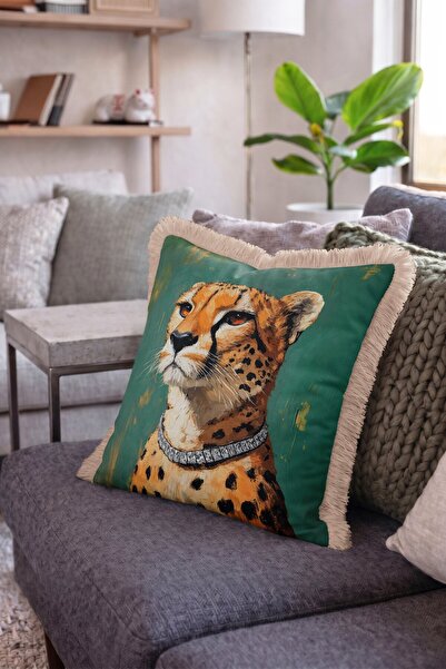 IdeCraft Cheetah Portrait Patterned Fringed Throw Pillow Cover with Green Bac...