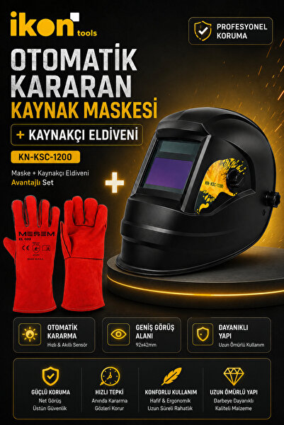 İkon Tools Otomatik Kararan Kaynak Maskesi KN-KSC-1200 Kaynakçı Eldiveni Seti...