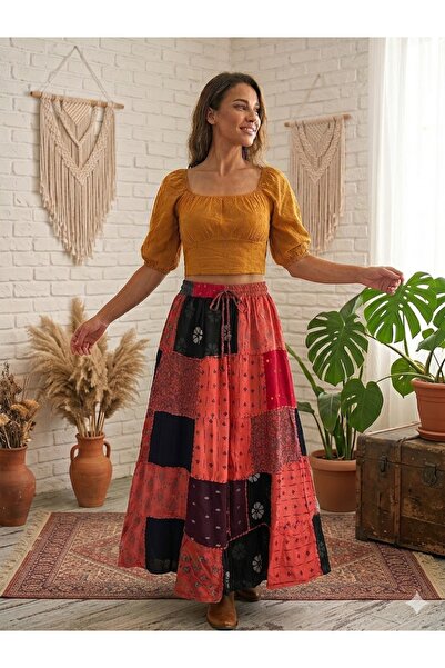 AYASOFYA OTANTIK Women's Nepali Ethnic Pattern Patchwork Long Skirt with Elas...
