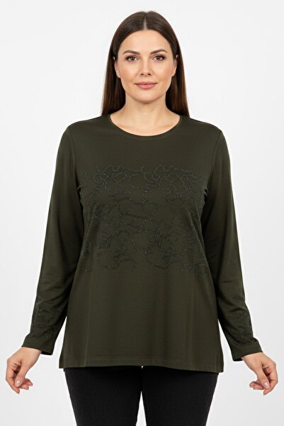 hadiora Women's Khaki Stone Detailed Combed Cotton Blouse