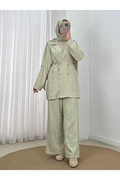 MİHRA STORE Silk Hidden Pocket Gold Button Jacket and Trouser Set-Gs527 Mint