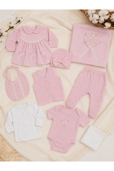 Pure Boutique Set bebe fetita 10 piese roz din bumbac cu broderie florala si ...