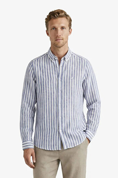Nautica Erkek Mavi Regular Fit Çizgili Keten Gömlek