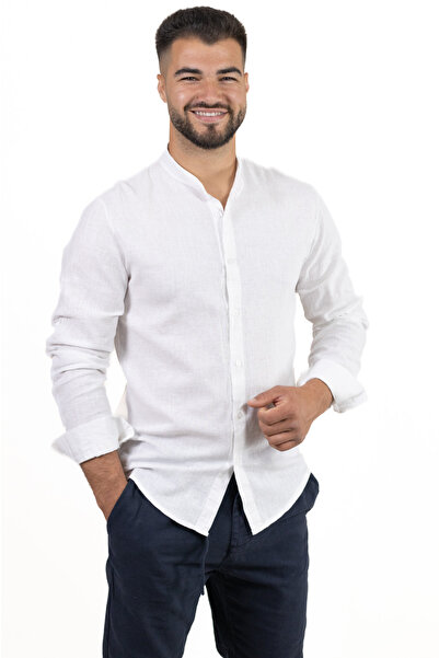 MAXWEAR White 100% linen shirt with tunic collar